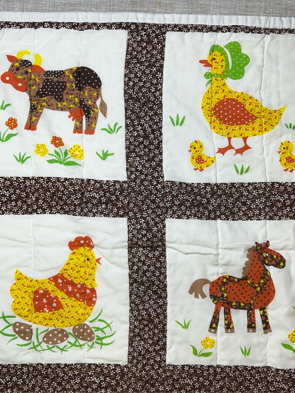 Vintage Handmade Farm Animals Patchwork Baby Blanket Farm Cow Horse Chicken 1996